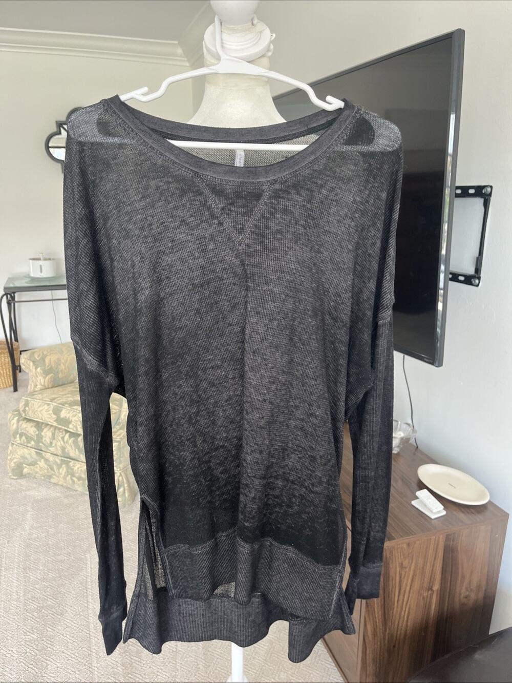 Z Supply Women Black Long Sleeve T-Shirt Burn Out Tunic Oversized Sheer Goth